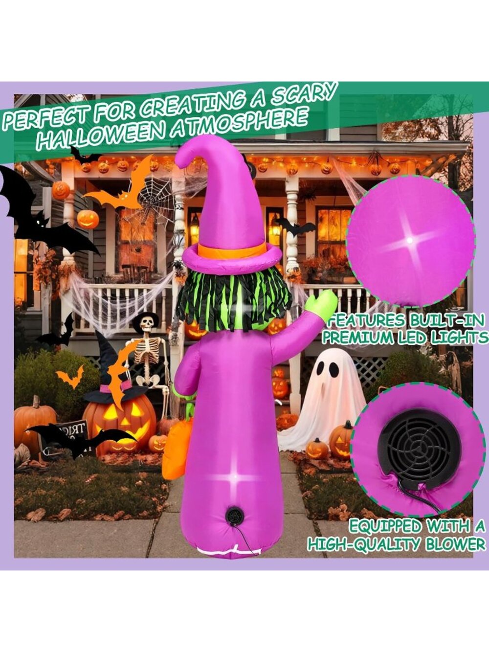 🎃 5 FT Witch Pumpkin Halloween Inflatable Outdoor Yard Decor Built-In LED Light - Picture 5 of 7